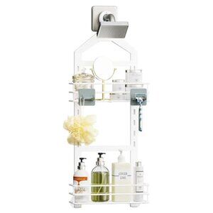 Adjustable Over Shower Head Caddy Rustproof No Drill 2 Tier White Rack